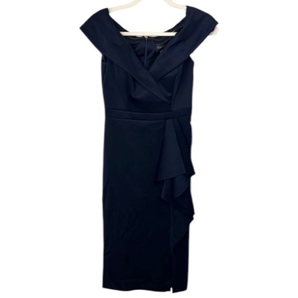 XSCAPE Tisha Knee Length Scuba Off The Shoulder Ruffle Dress Size 4 In Blue - Picture 3 of 14